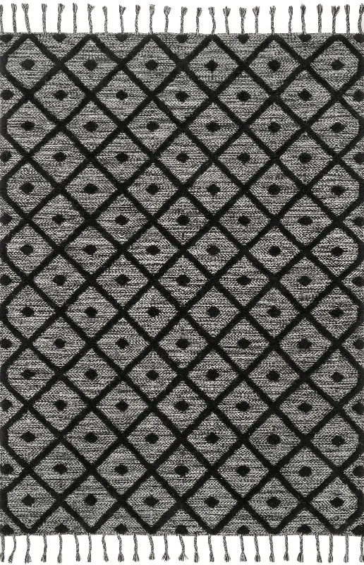 Diamond Textured Trellis Tassel Rug | Dark Grey