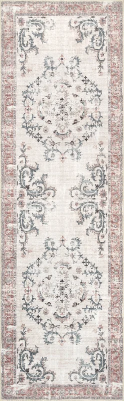 Faded Wreath Washable Rug | Light Grey