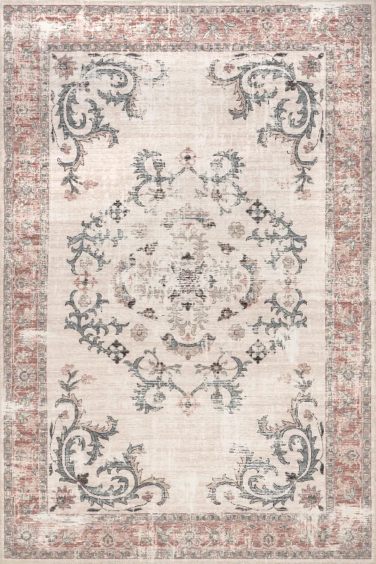 Faded Wreath Washable Rug | Light Grey