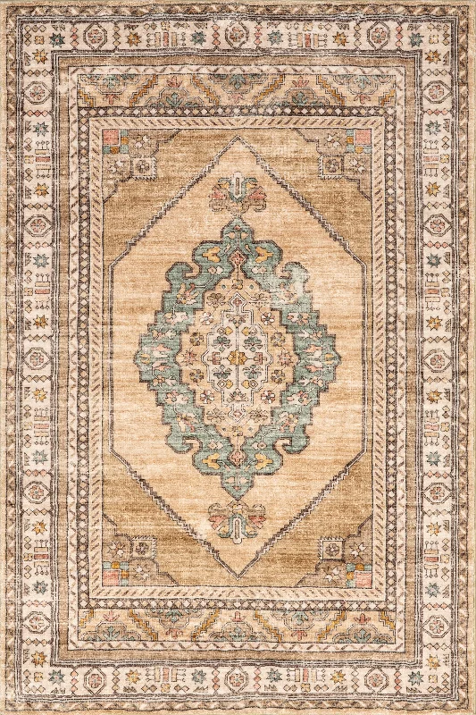 Fern Vintage Medallion Washable Rug | Light Brown