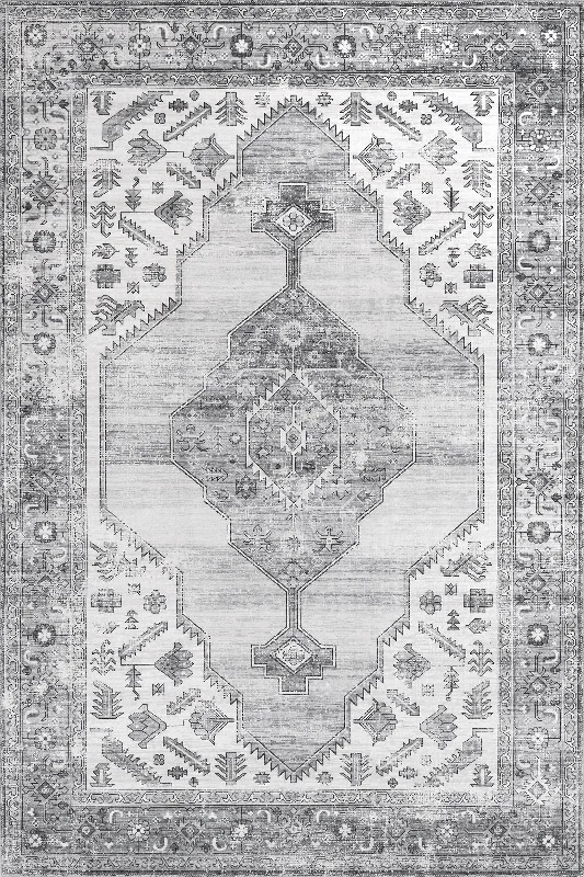 Native Iris Medallion Washable Rug | Grey