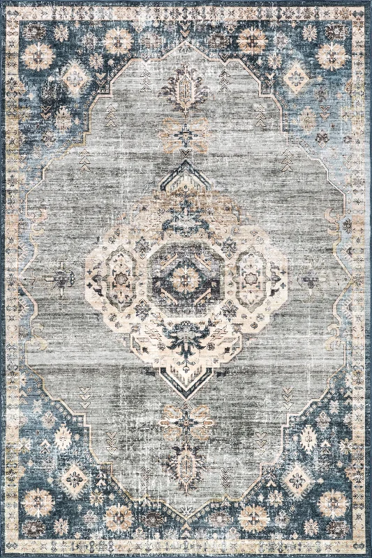 Noor Medallion Spill Proof Washable Rug | Blue