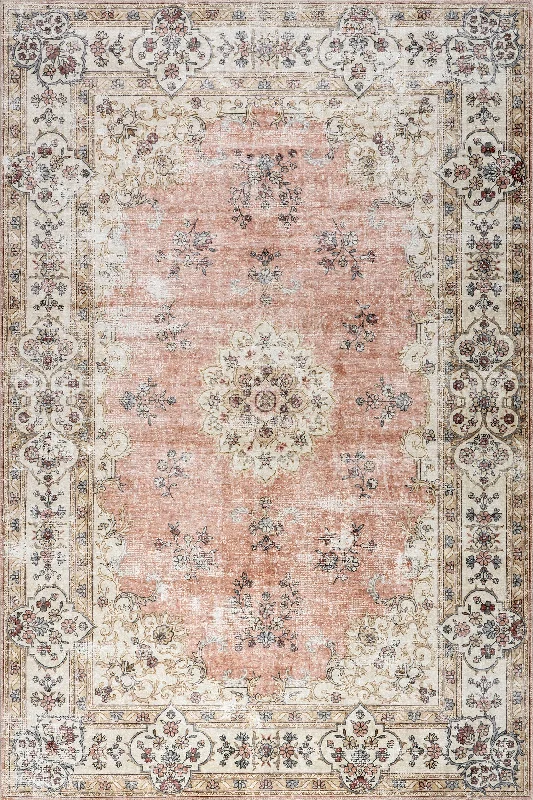 Rosette Medallion Spill Proof Washable Rug | Peach