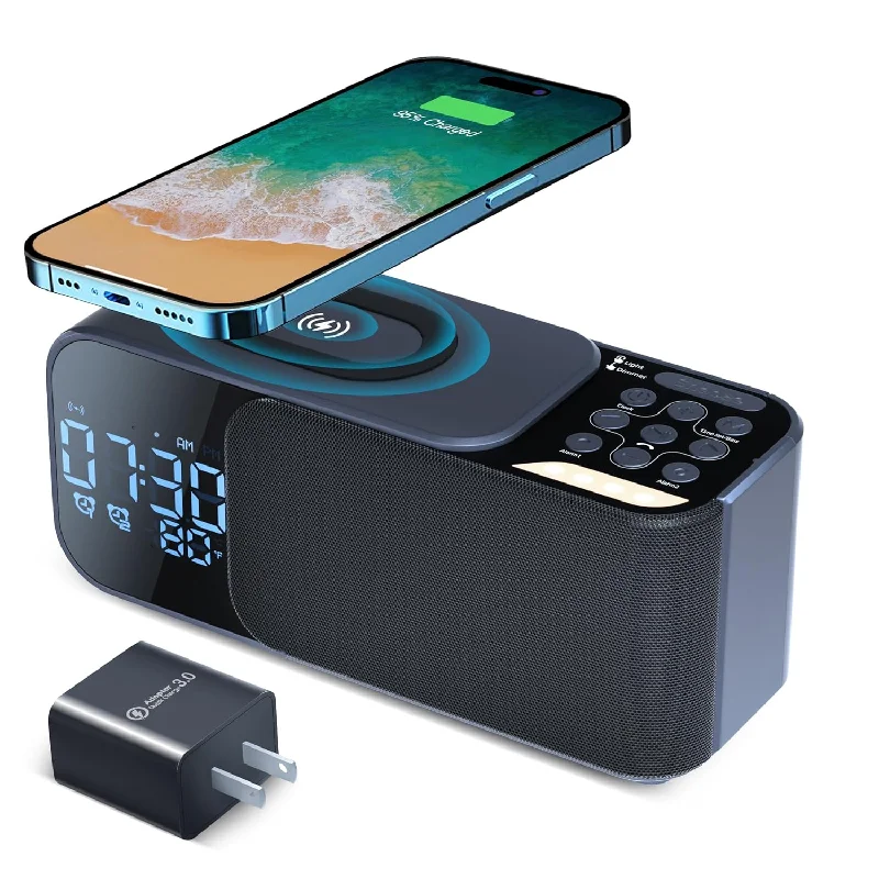 Alarm Clock Radio With Wireless Charging & Bluetooth Speaker,Dimmable Led Disp