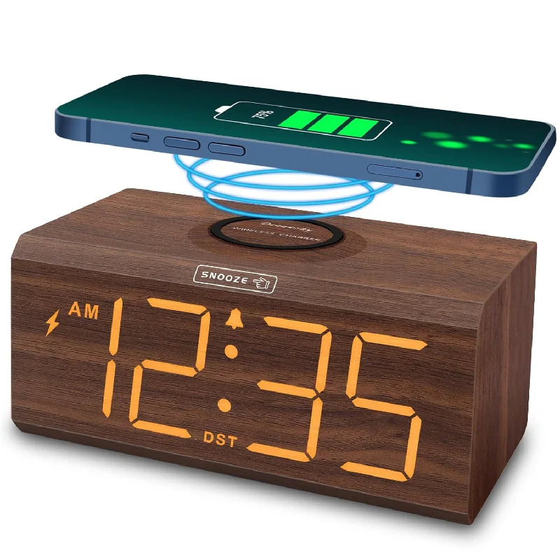 Alarm Clock With Wireless Charging - Wooden Digital Clock For Bedroom Nightsta