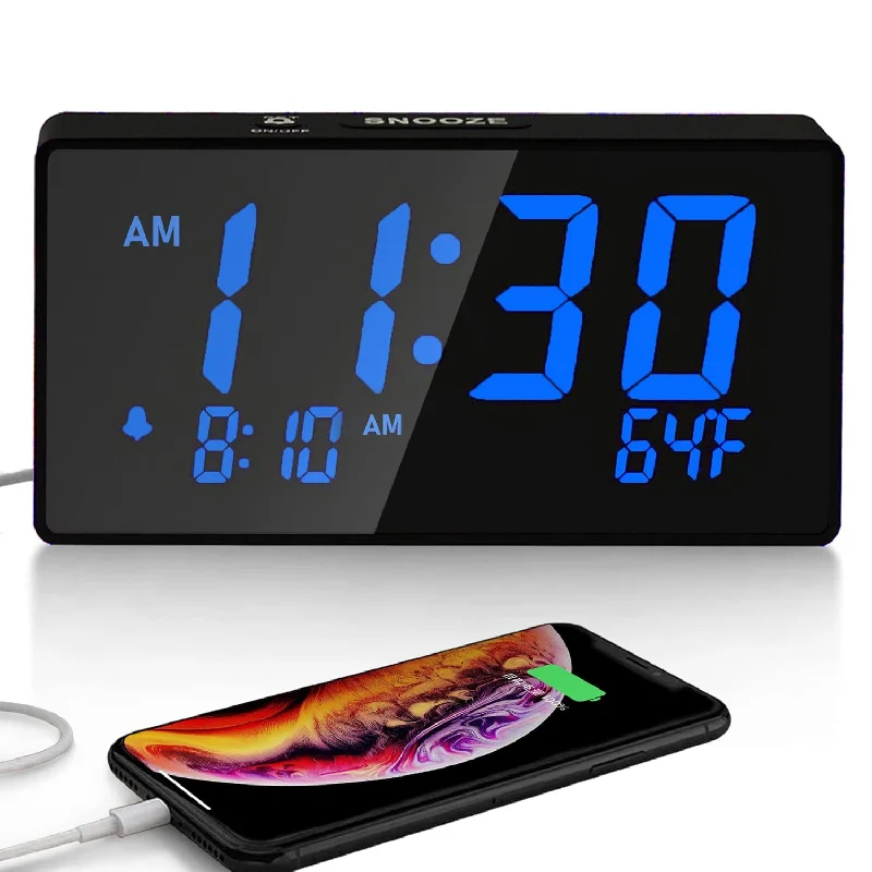 Desk Digital Alarm Clock For Bedroom, Blue 6" Led Display, With Usb Port For C