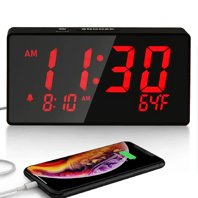 Desk Digital Alarm Clock For Bedroom, Red 6" Led Display, With Usb Port For Ch