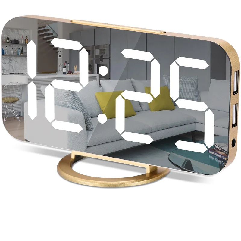 Digital Alarm Clock,7 In Led Mirrored Clocks Large Display,With 2 Usb Charger