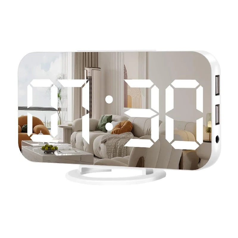 Digital Alarm Clock,Large Display Led And Mirror Desk Clock With Dual Usb Char