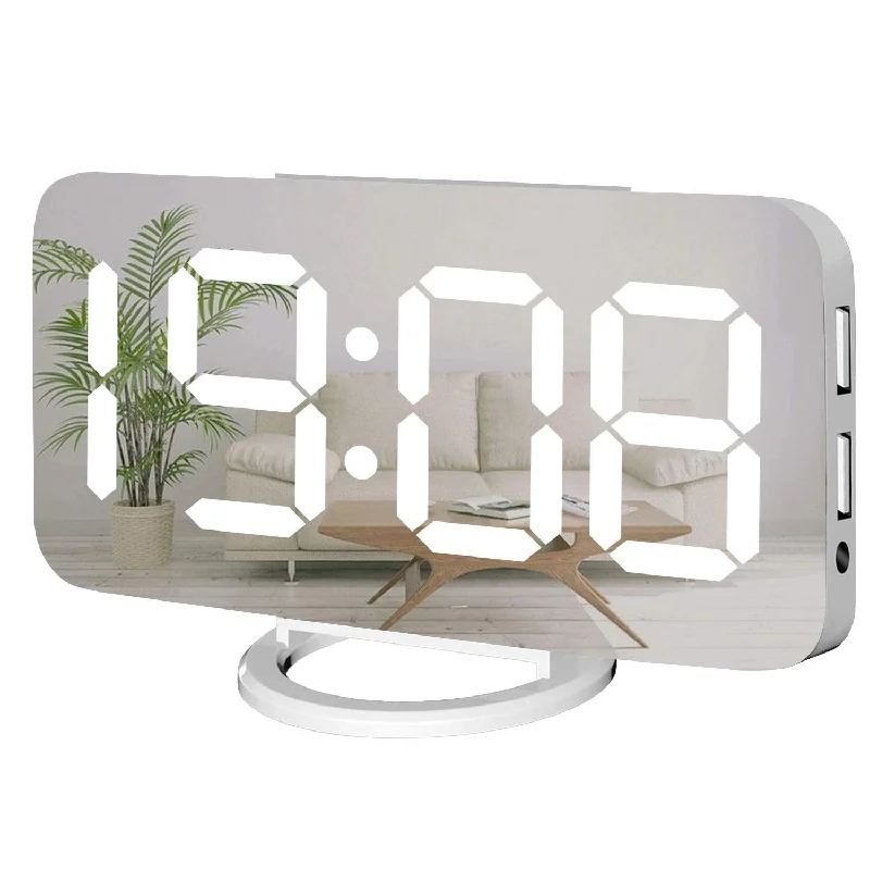 Digital Alarm Clock,Large Mirrored Led Clock,Snooze,Dim Night Light 2 Usb Char