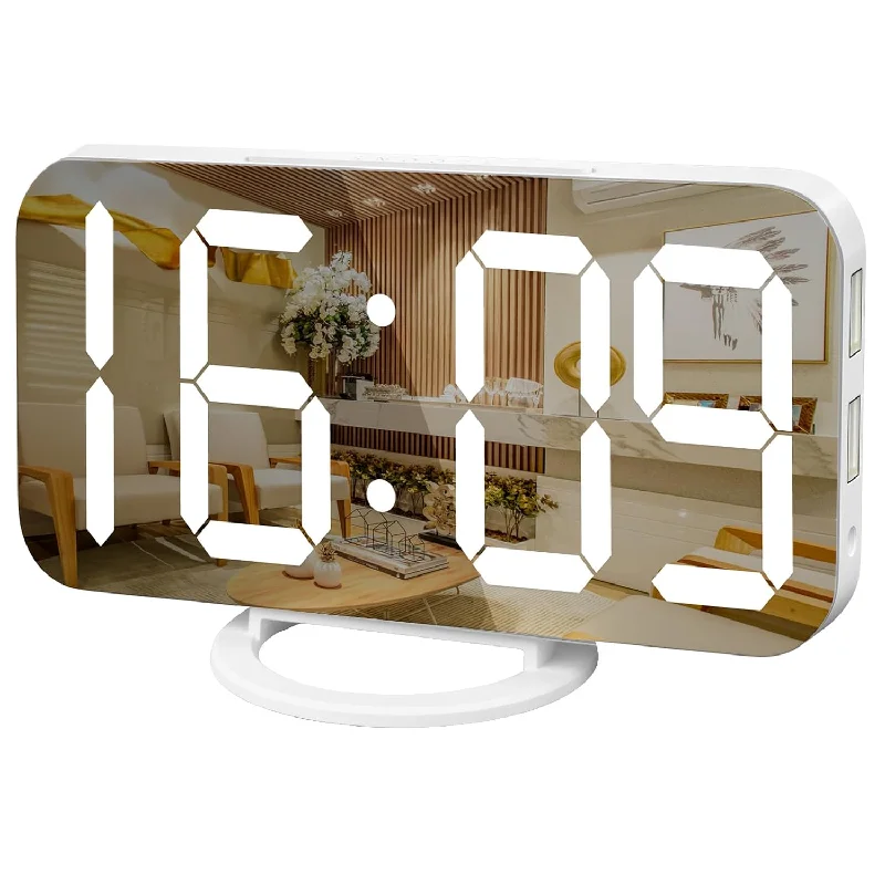 Digital Alarm Clock, Large Mirrored Led Display, With Usb Charger, Snooze Func