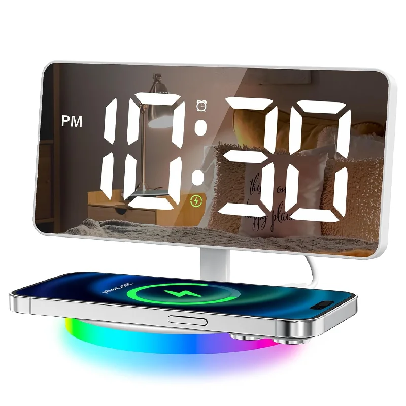 Digital Alarm Clock With Wireless Charging, Mirrored Led Clock For Bedroom Dec