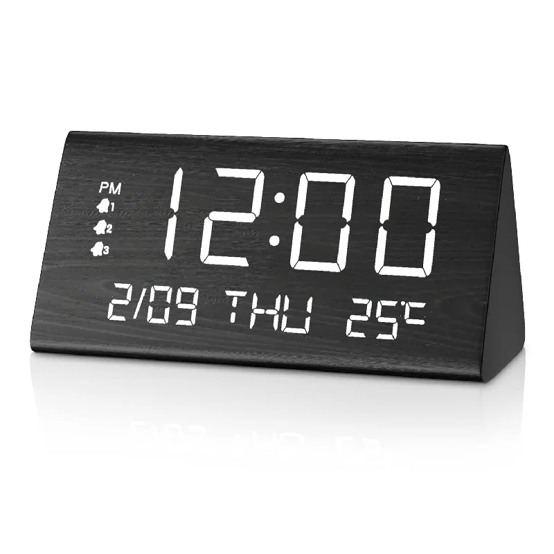 Digital Alarm Clock, With Wooden Electronic Led Time Display, 3 Alarm Settings