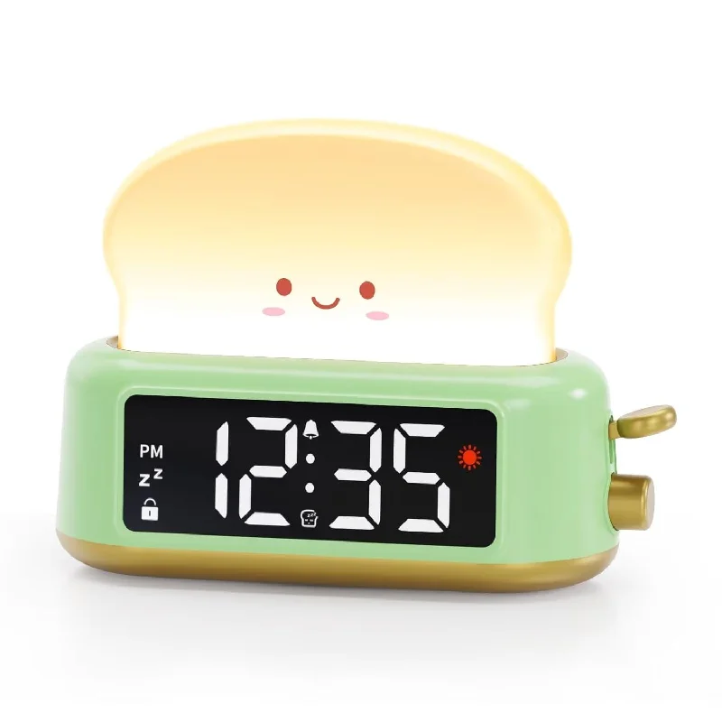 Kids Alarm Clock, Digital Alarm Clock For Bedrooms, Cute Toast Night Light, Ti