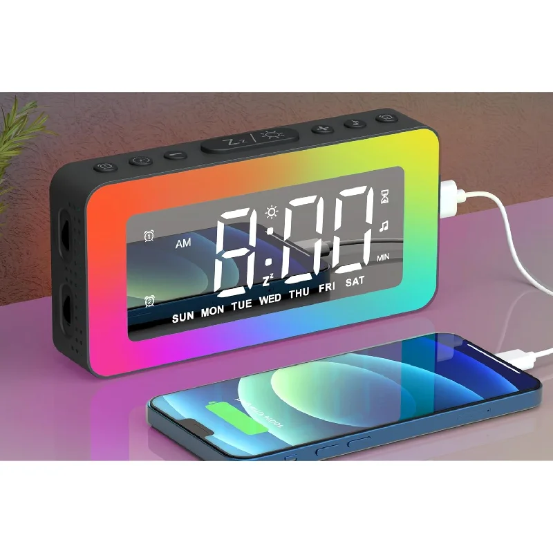 Kids Alarm Clock For Bedroom, Mirrored Digital Clock With 8 Rgb Night Lights,