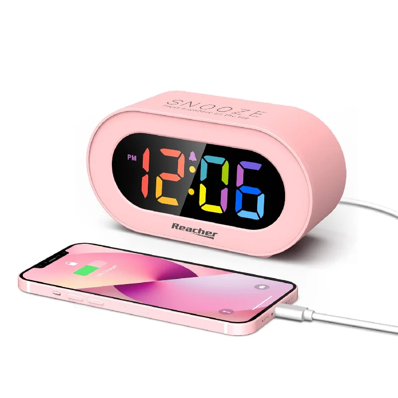 Pink Girls Alarm Clock, Dimmable Colorful Led Digital Display, Usb Phone Charg