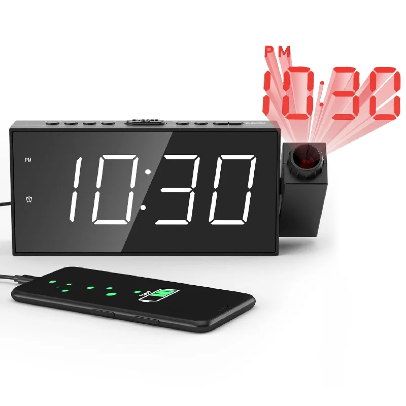 Projection Digital Alarm Clock For Ceiling,Wall,Bedroom - Fm Radio,7” Large Nu