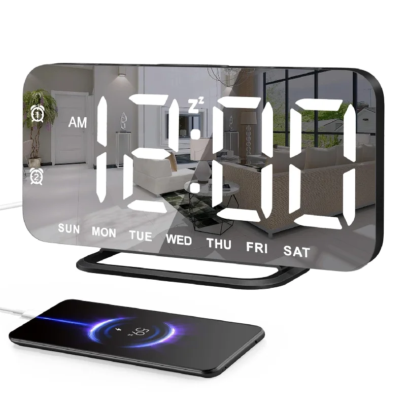 Super Slim Led Digital Alarm Clock, Mirror Surface For Makeup, With Diming Mod