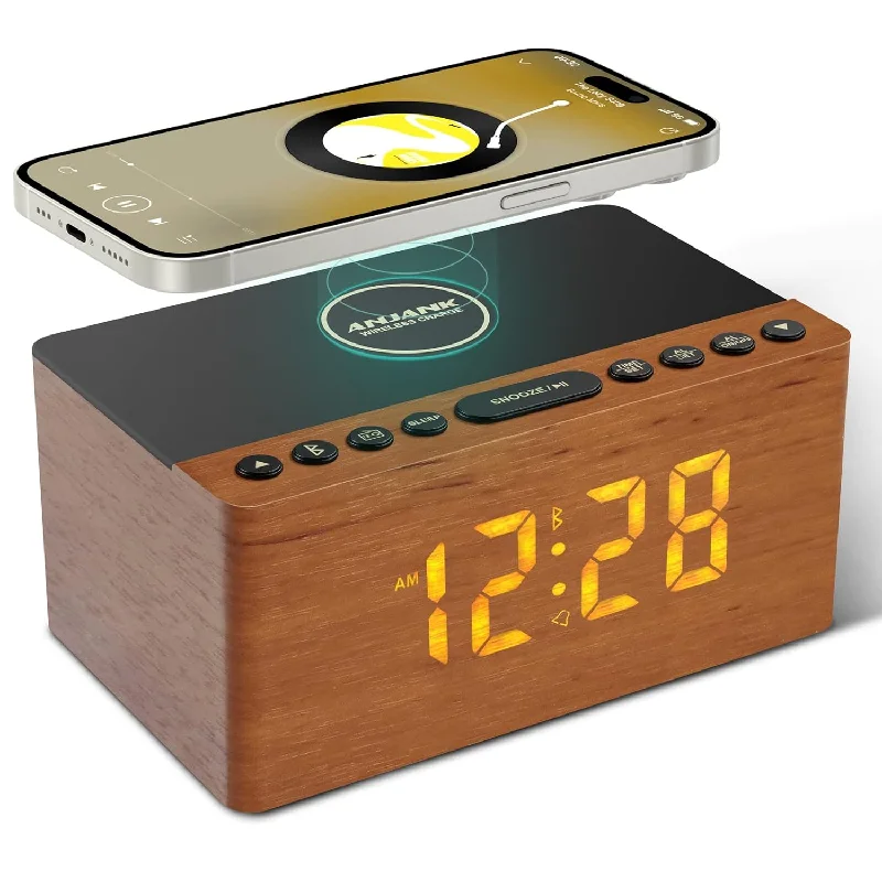 Wooden Bluetooth Speaker Alarm Clock With Fm Radio, Wireless Charging Station