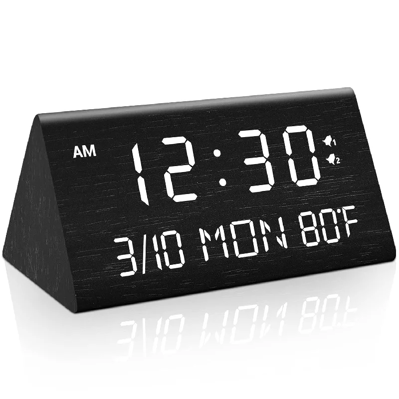 Wooden Digital Alarm Clock, 0-100% Dimmer, 2 Alarm Settings, Weekday/Everyday