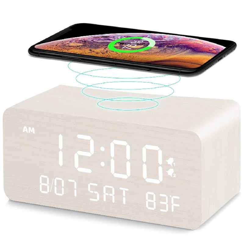 Wooden Digital Alarm Clock With Wireless Charging, 0-100% Adjustable Brightnes