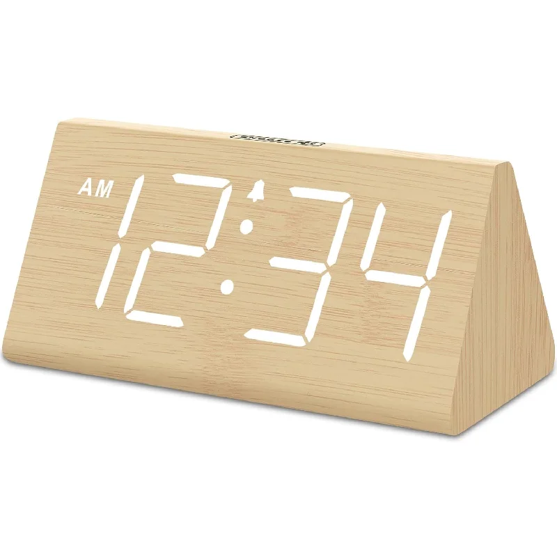 Wooden Digital Alarm Clocks For Bedrooms - Electric Desk Clock With Large Numb