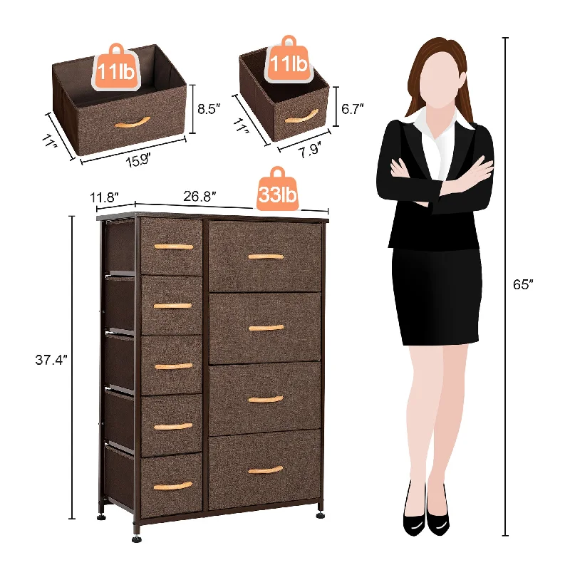 27" Brown Steel and Fabric Nine Drawer Combo Dresser