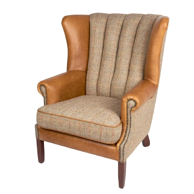 Gamekeeper Thorn Harris Tweed and Brown Cerato Leather Fluted Wing Armchair