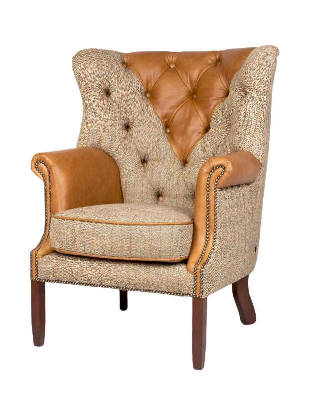 Gamekeeper Thorn Harris Tweed and Brown Cerato Leather Kensington Armchair