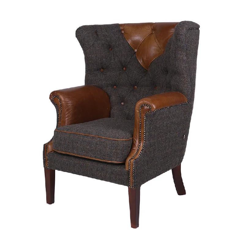 Uist Night Harris Tweed and Brown Cerato Leather Kensington Armchair