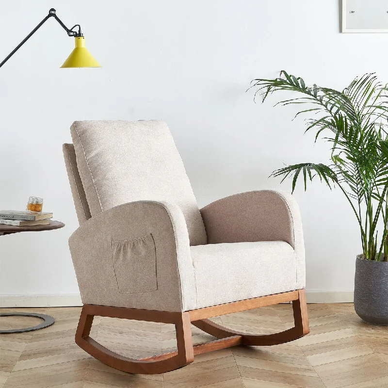 Modern Linen Rocking Chair with High Backrest and Solid Wood Base