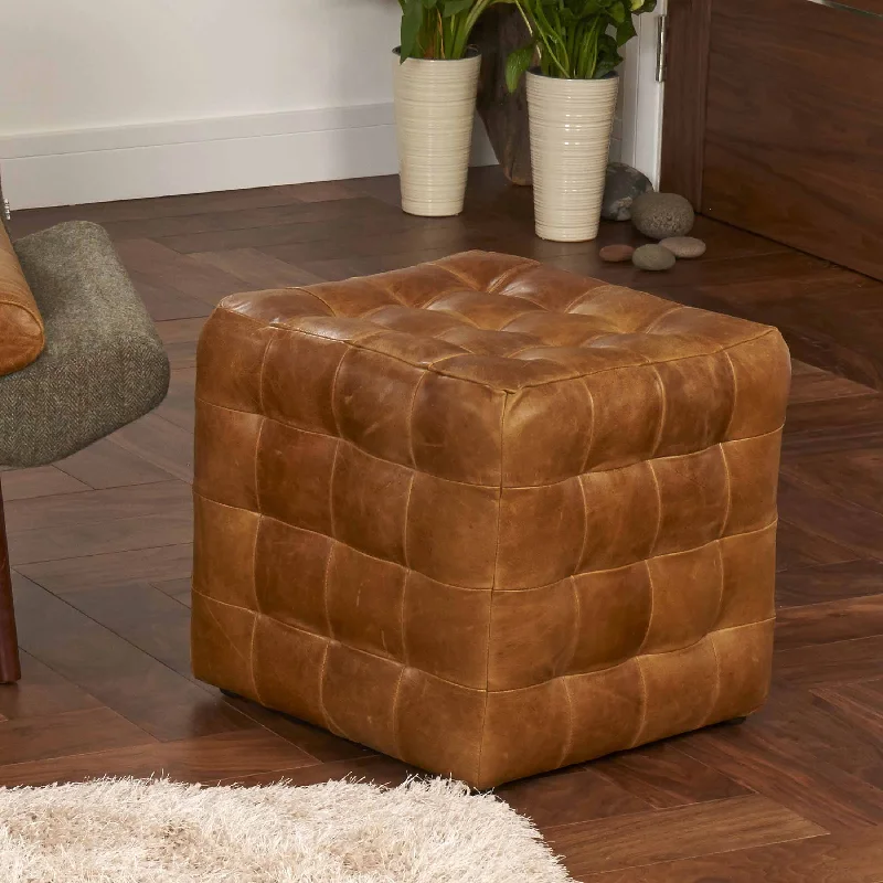 Brown Cerato Leather Patchwork Cube Footstool