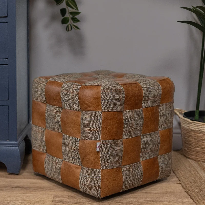 Brown Cerato Leather and Gamekeeper Thorn Harris Tweed Patchwork Cube Footstool