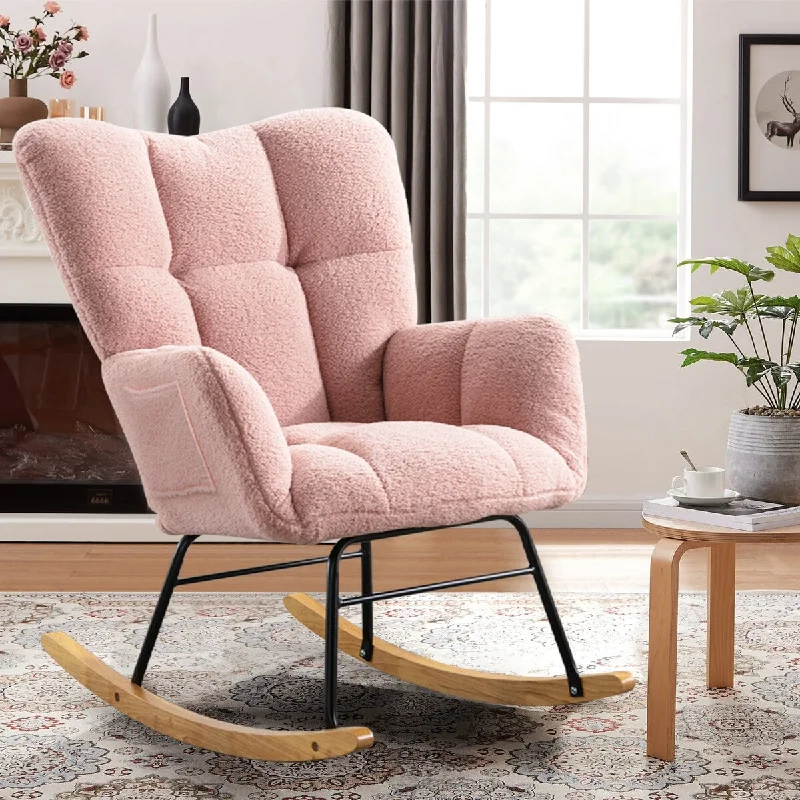 Teddy Fabric Rocking Chair with Solid Wood Base, Accent Chairs for Living Room