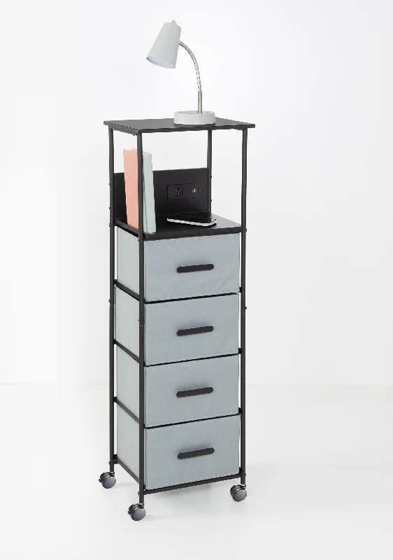 Black/Gray Dorm 4-Drawer Bedside Charging Storage Cart