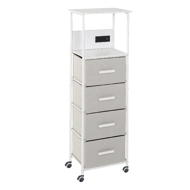 White/Gray Dorm 4-Drawer Bedside Charging Storage Cart