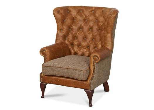 Brown Cerato Leather and Gamekeeper Thorn Harris Tweed Wing Wrap Armchair