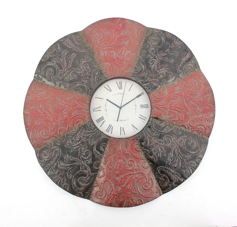 Benzara BM217263 Blooming Flower Design Metal Wall Clock with Scroll Motifs, Red and Black