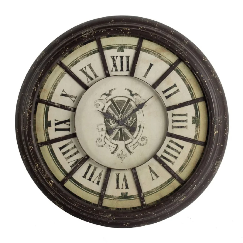 Benzara Oversized Wood and Metal Wall Clock with Distressed Details, Antique Gray and Cream